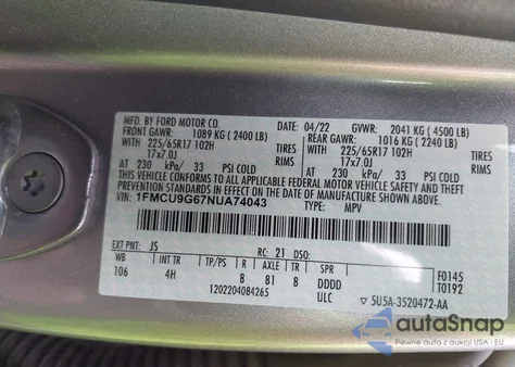 2022 Ford Escape Se from USA, damaged, VIN 1FMCU9G67NUA74043